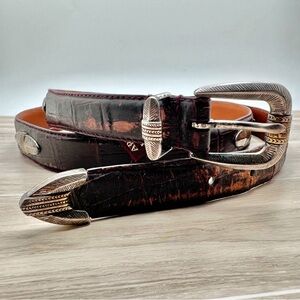 VTG Arden Brown Leather Italian Croco Calfskin Belt Tribal Metal Accents Sz 50”